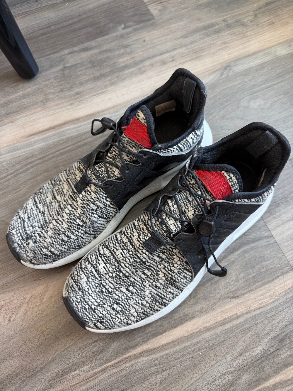 adidas Black & White Knit Sneakers with Red Tongue Accent
